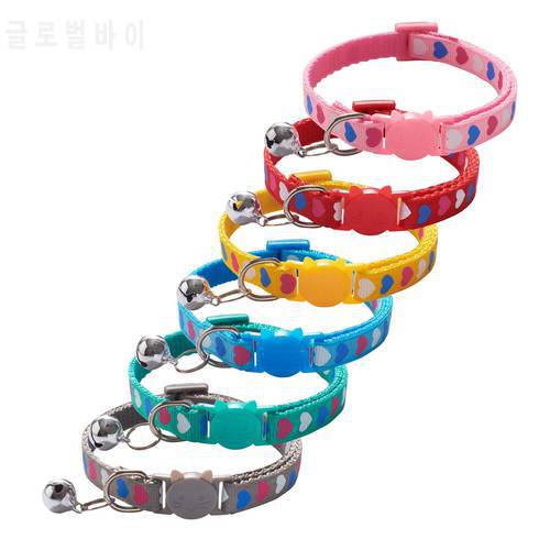 Cartoon Hearts Print Cat Collar Cute Cats Small Dog Necklace Adjustable Collars With Bell Pet Cat Leads Accessories Safe Buckles