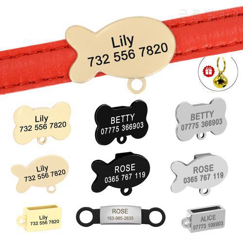 Anti-lost Dog Cat ID Tag for Collar Engraved Pet ID Tags Personalized Nameplate Fish/Bone/Cube Shape Chihuahua Free Bell Gift