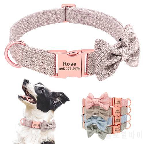 Personalized Dog Collar With Bow Tie Soft Woolen Cloth Dogs ID Collars Anti-lost Free Engraving Cute Bowknot Pet Accessories
