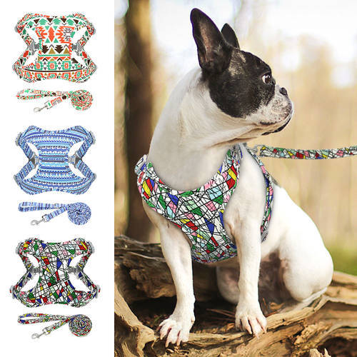 Fashion Printed French Bulldog Harness And Leash Set Reflective Dog Harness Vest For Medium Large Dogs Pug Pet Supplies