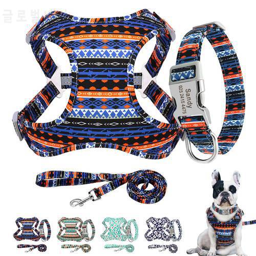Personalized Nylon Dog Collar Harness Leash Set Free Engraved Dog Collar Reflective Pet Vest Walking Leash For Small Medium Dogs