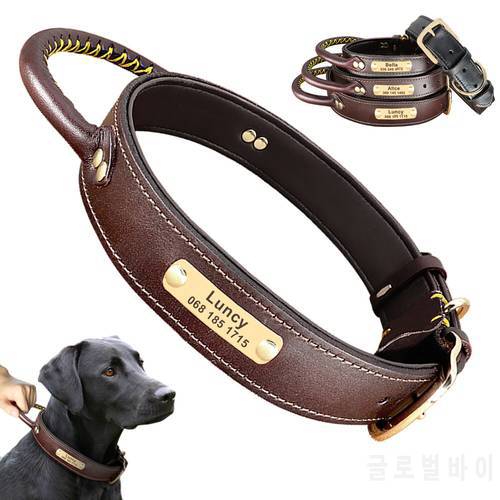 Leather Dog Collar Personalized ID Tag Collar For Medium Large Dogs Pet Walking Training Quick Control Necklace With Handle