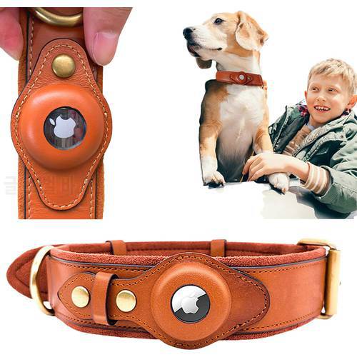New Genuine Leather Airtag Dog Collar Heavy Duty Dog Collar with Airtag Holder Case Pet Location Tracker AirTag Accessories