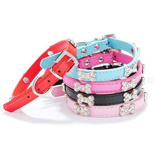 Adjustable PU Leather Dog Collar with Rhinestone Bone Decals Diamond Studed Collars for Small Dogs XS-L