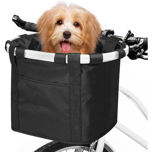 Small Pet Bicycle Front Basket Bike Dog Carrier Pouch MTB Cycling Handlebar Tube Hanging Basket 2in1 Detachable Fold Baggage Bag