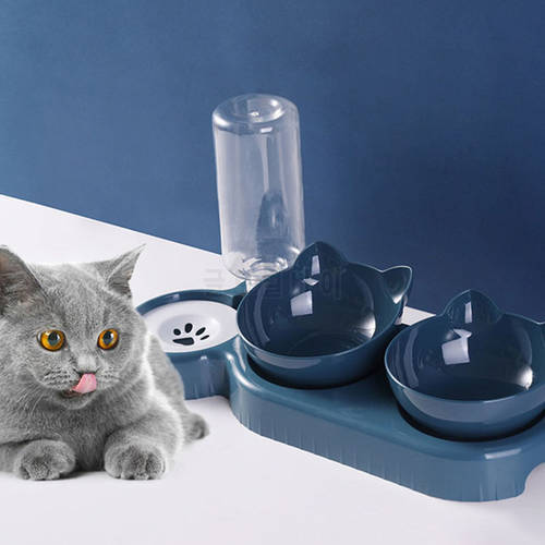 Ulmpp Cat Bowl 3in1with Stand Automatic Water Bottle Pet Kitten Puppy Dry Wet Food Feeding 15°Tilt Dispenser Feeder Dog Supplies
