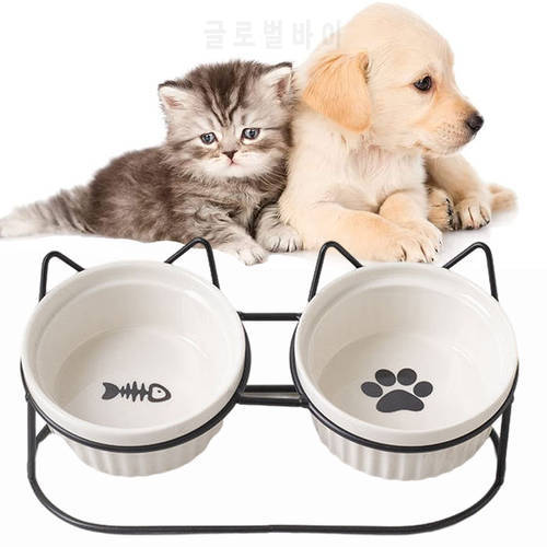 Ulmpp Cat Double Bowl Ceramic with Metal Stand and Mat Pet Kitten Puppy Food Feeding Dish Elevated Water Feeder Dog Supplies