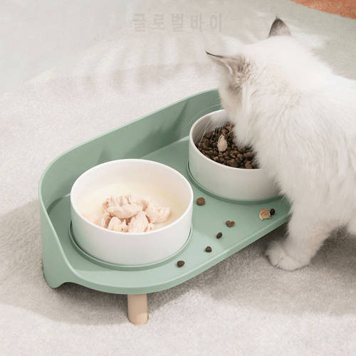 Ulmpp Cat Double Bowl Ceramic with Dining Table Stand Pet Kitten Puppy Food Feeding Dish Elevated Water Feeder Mat Dog Supplies