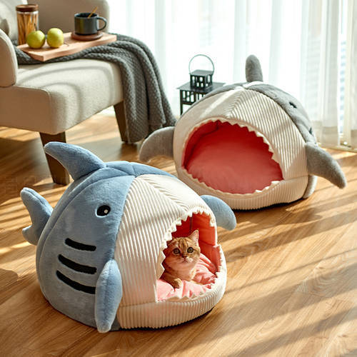 Four Seasons Shark Puppy Cozy House Cute Pet Dog Sleeping Bed Warm Soft Cat Nest Kennel Kitten Cave Washable Cat Lounger Cushion