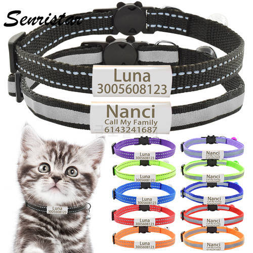 2 Pack Reflective Nylon Cat Collar Personalized Safety Breakaway Name Tag Cat Collar Bell Custom Engraved Nameplate Cat Collar