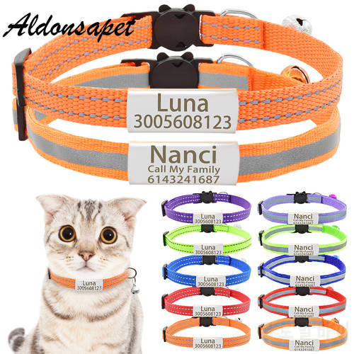 2 Pack Nylon Reflective Cat Collar Personalized Safety Breakaway Name Tag Cat Collar Bell Custom Engraved Nameplate Cat Collar