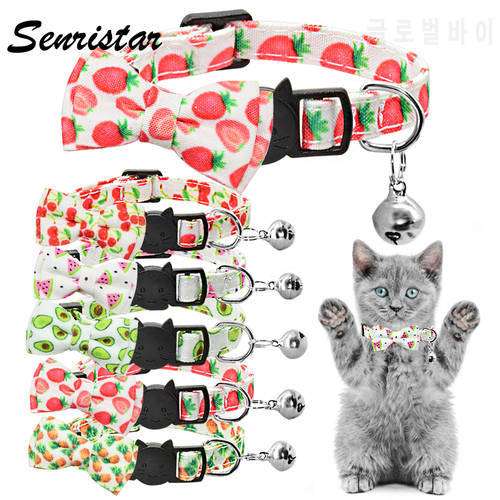 Cute Bow Tie Cat Collar Neckalce Bell Adjustable Breakaway Lovely Bow Knot Cat Collar Summer Fruit Print Pet Kitten Cat Collar