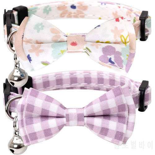 Breakaway Cat Collar Safety Quick Release with Bell and Bowtie Purple Plaid Kitten Collar Adjustable for Cat Pup Kitty