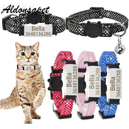 Personalized Cat Collar Bell Custom Nameplate Bling Adjustable Cat Collar Necklace Engraved ID Name Tag Anti Lost Pet Cat Collar