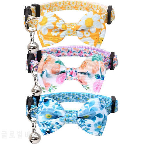Cat Collar Breakaway with Cute Bow Tie and Bell Flower for Kitty Adjustable Safety Floral Pattern Nylon Kitten Collars for Pets