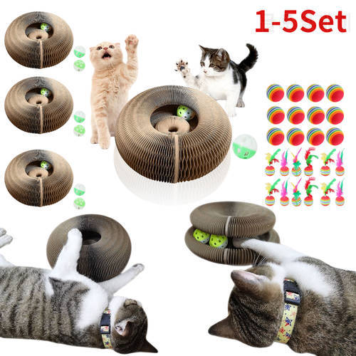 1-5 Set Magic Organ Cat Scratch Board Cat Toy with Bell Grinding Claw Climbing Frame Round Corrugated Cats Litter Scratch Toy