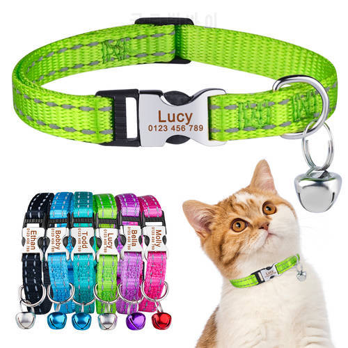 Cat Accessories Pet Custom Engraved Easy To Remove Pets Cat Collar With Bell Adjustable Ring 6Styles Fashion Durable Colorful