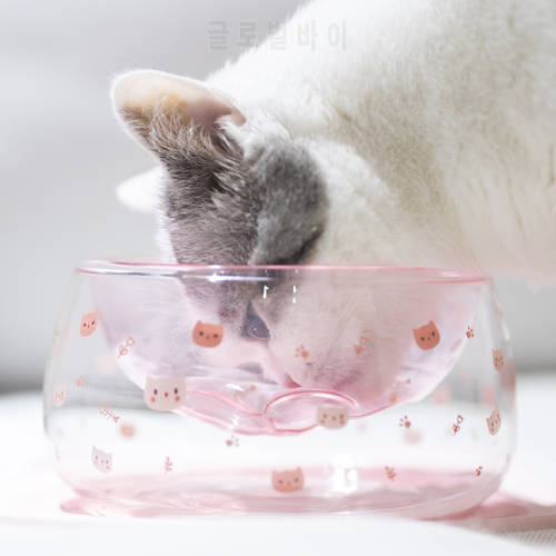 Kawaii Glass Cat Paw Food Bowl Mug Cute Sakura Double Layer Pet Dog Water Dispenser Mat Super Heat-resistant Feeder Pet Products