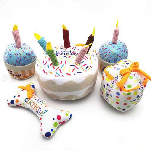 Pet Dog Toy Cute Birthday Cake Squeaky Toys Bite Resistant Bone Shape Stuffed Toy Cat Puppy Chew Toy Interactive Dog Accessories