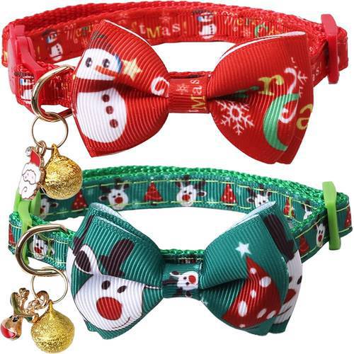 Christmas Cat Collar Breakaway with Bow Tie and Bell Snowman & Cute Elk Patterns for Kitty Adjustable Safety Kitten Collar