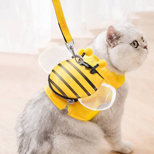 Cute Bee Designer Cat Dog Harness and Leash Set Breathable Pet Vest Harness with Snack Bag Puppy Accessories Yellow S-XL