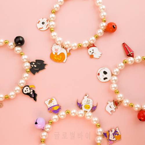2022 Funny Halloween Cat Dog Pearl Collars Adjustable Cats Dogs With Bells Safety Buckle/Pearl Cute Elf Pendant Pet Collar
