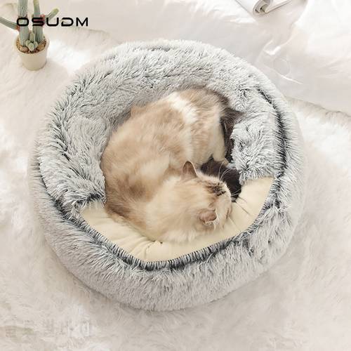 OSUDM New Style Pet Dog Cat Bed Warm House Round Plush Seasons Mat Soft Long Plush Best Pet Items Nest 2 In 1 Cats Accessories