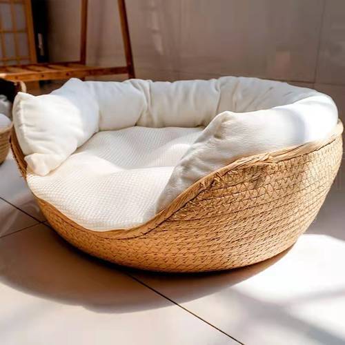 Pets Bed Sofa Bamboo Weaving Four Season Cozy Nest Baskets Waterproof Removable Cushion Cat Mat Kennel Dog Beds Pet Accessories