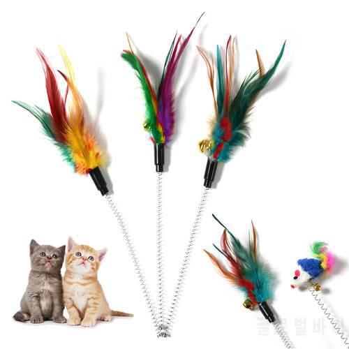 1PC Spring Pet Toy Elastic with Bell Spring Color Mouse and Feather Bottom Sucker Swing The Spring Cat Stick
