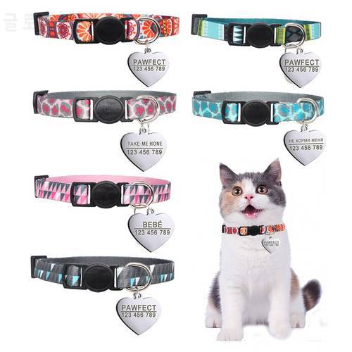 Heart Personalized Cat Collar Quick Release Custom Dog Collar Kitten with Bell Engraved Necklace Accessories for Small Pet
