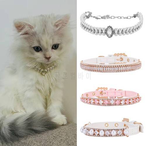 Luxury Cat Puppy Pearl Necklace Rhinestone Collar for Cats Small Dogs Ragdoll Cat Sphynx Necklaces Pet Accessories collier chat