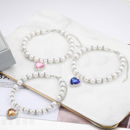 Wholesale Luxury Rhinestone Pet Cat Collar Charm Personalized Pearl Pet Necklace Japanese Style Separable Love Gem Kitten Collar