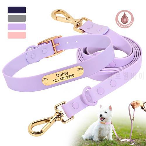 Custom Engraved Dog Collar Leash Set Waterproof PVC Dogs Cat Necklace Personalized Pet ID Collars Lead Rope For Small Large Dogs