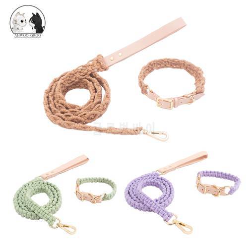 Leather Dog Pet Collar Leash Set Luxury Hand-knitted Dogs Lead Leashes Soft Puppy Walking Training Hiking Lead Ropes for Dogs