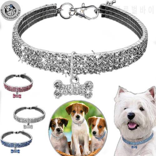 3 Rows Mixed Color Stretch Rhinestone Pet Collar Cat and Dog Jewelry Diamond Inlaid Pet Bone Dog Collar Accessories with Elastic