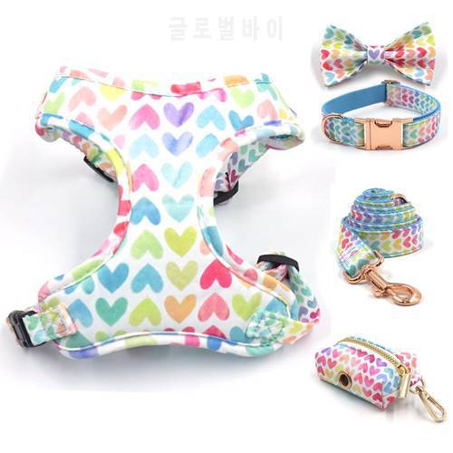Soft Padded Dog Harenss for Small Dogs Valentine&39s Day Heart Printing Personalized Dog Collar with Leash Poop Bag Puppy Gift Set