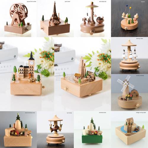 Home Decor Accessories Kawaii Vintage Chirstmas New Year Retro Birthday Gift Wooden Music Box Carousel Musical Boxes Hand Crank