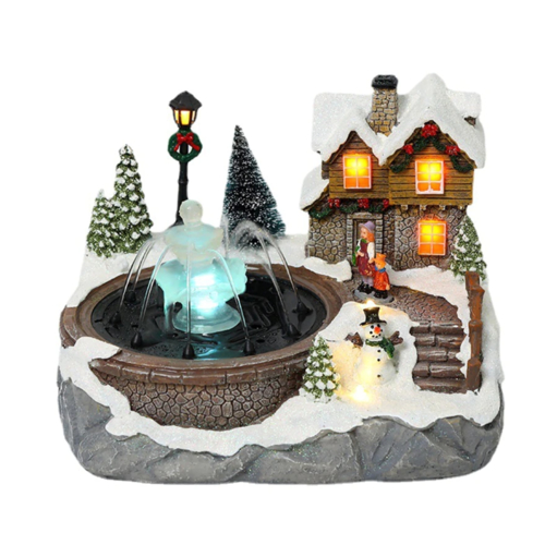 2022 Christmas Village Scene Ornament Colorful LED Lighted Resin Snow House Music Water Fountain Animated Statues Figurine Home