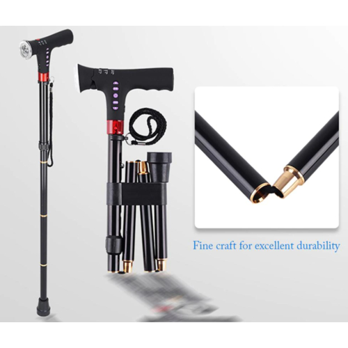 Travel Adjustable Folding Cane For Men Women With Alarm Led Light Radio And Cushionable Handle Suitable For Disabled And Elderly