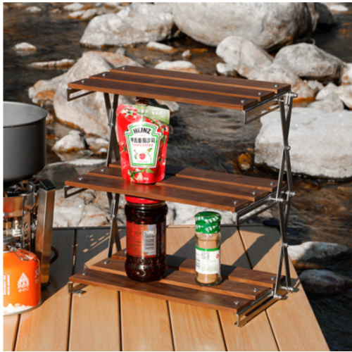 Mini Wood Shelf Stainless Steel Oak Protable Folding Multifunctional Outdoor Camping Picnic Home Kitchen Tableware Storage Rack